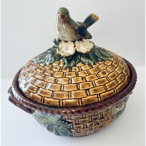 Ceramic floral motifs casserole dish _ weaved style w. perched bird on lid